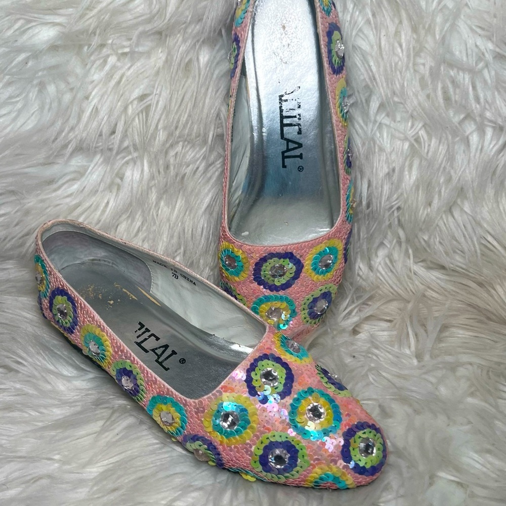 Radical Pink Blue Yellow Purple and Silver Sequined Dressy Flats - Picture 7 of 10